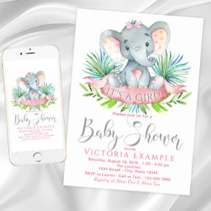 Meisjes Olifant Baby Shower Uitnodigingen
