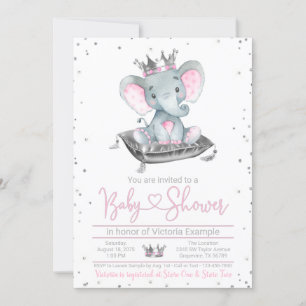 Meisjes Olifant Prinses Baby Shower Uitnodiging