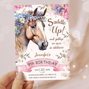 Meisjes Paard 9e Verjaardag Bloemen Zadel omhoog! Kaart