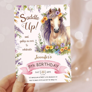 Meisjes Paard 9e Verjaardag Paarse Bloemen Zadel O Kaart