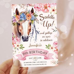 Meisjes Paard 9e Verjaardag Roze Bloemen Cowgirl Kaart