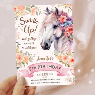 Meisjes Paard 9e verjaardag roze bloemen zadel omh Kaart