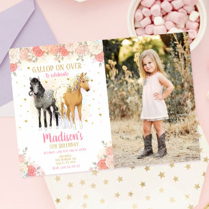 Meisjes Paard Pony Waterverf Bloem Foto Verjaardag Kaart