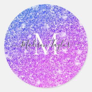 Meisjes Paars en Roze Glitter Monogram NaamCla Ronde Sticker