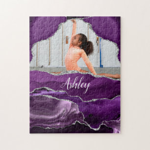 Meisjes Paars Glitter Persoonlijke Foto en Naam Legpuzzel