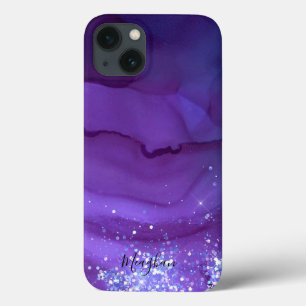 Meisjes Paars met Silver Glitter Monogrammed iPhone 13 Hoesje