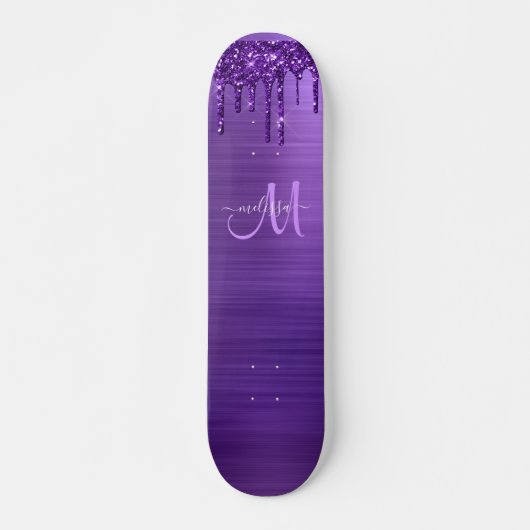 Meisjes Paarse driften Glitter Monogram Naam Skateboard (Voorkant)