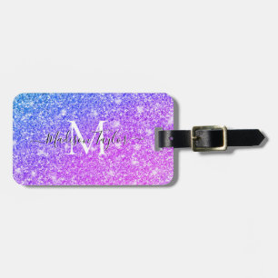 Meisjes Paarse en Roze Glitter Monogram Naam Bagagelabel