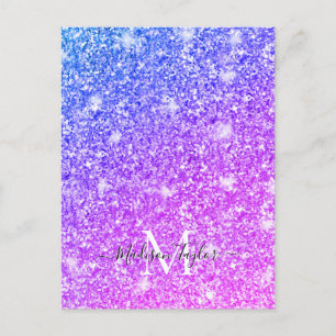 Meisjes Paarse en Roze Glitter Monogram Naam Briefkaart