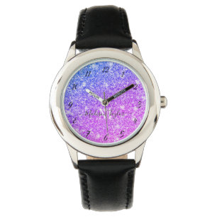 Meisjes Paarse en Roze Glitter Monogram Naam Horloge