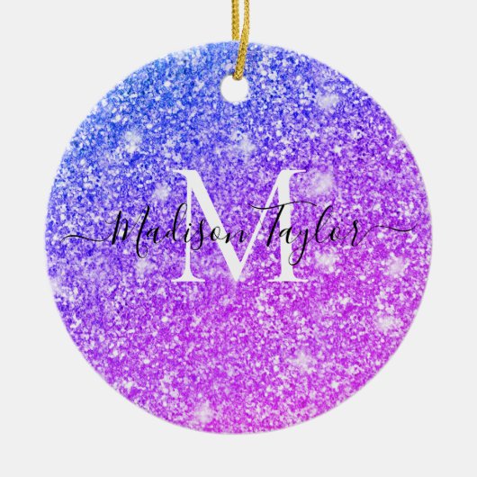 Meisjes Paarse en Roze Glitter Monogram Naam Keramisch Ornament (Voorkant)