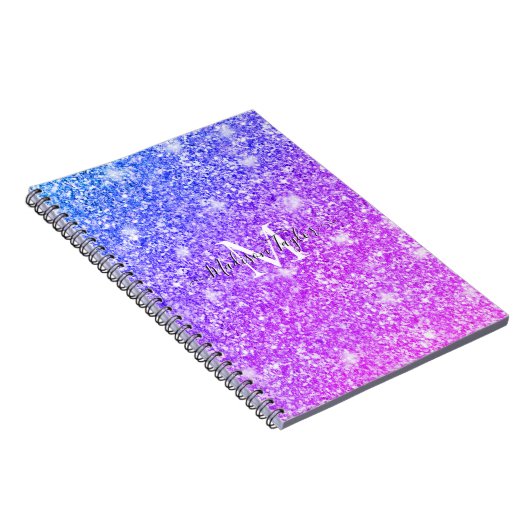 Meisjes Paarse en Roze Glitter Monogram Naam Notitieboek (Rechterzijde)