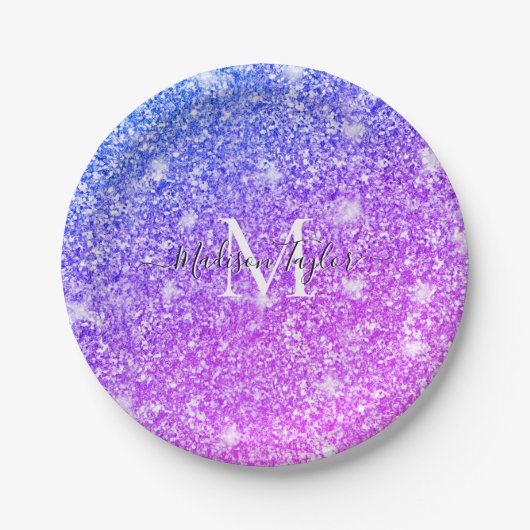 Meisjes Paarse en Roze Glitter Monogram Naam Papieren Bordje (Voorkant)