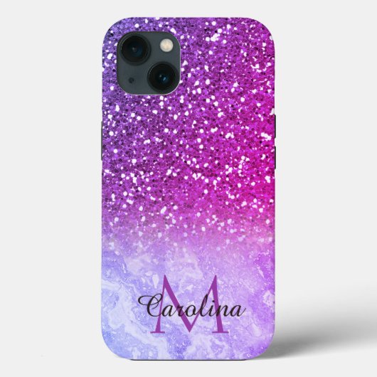 Meisjes Paarse Glitter en Marble, gepersonaliseerd Case-Mate iPhone Case (Achterkant)