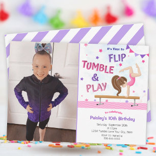 Meisjes Paarse Gymnastiek Foto Birthday Party Kaart