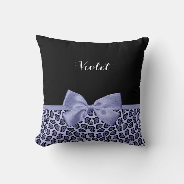 Meisjes Paarse Jaguar print lavender Bow met naam Kussen (Voorkant)