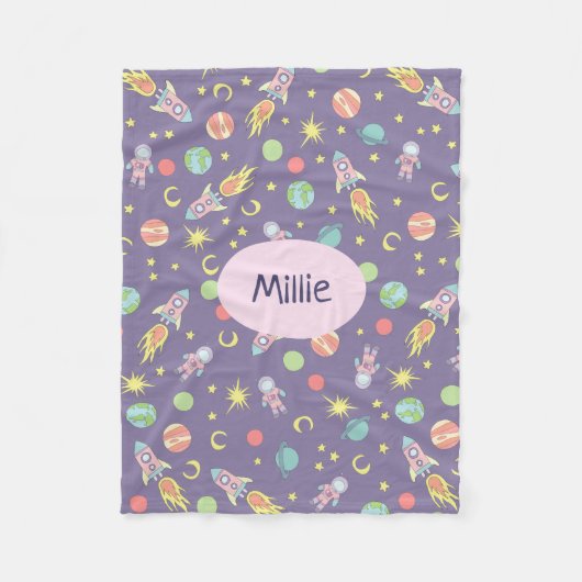 Meisjes Paarse Rocket Ship Space Pattern Fleece Deken (Voorkant)