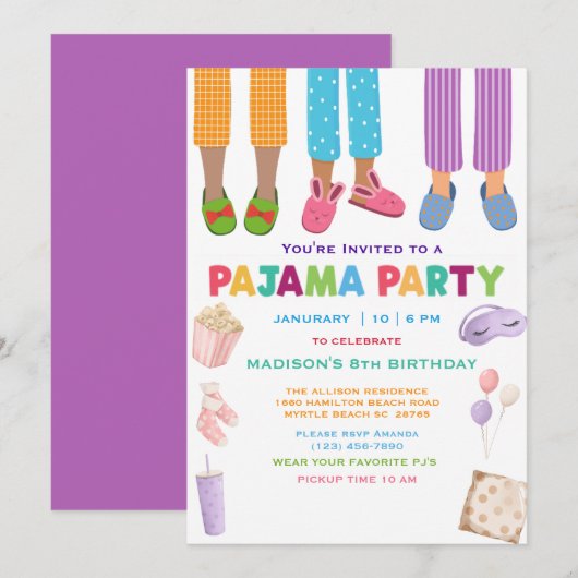 Meisjes Pajama Birthday Sleepover Party Kaart (Voorkant / Achterkant)