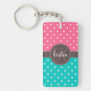 Meisjes-persoonlijke roze en Blauwgroen Stippen Sleutelhanger