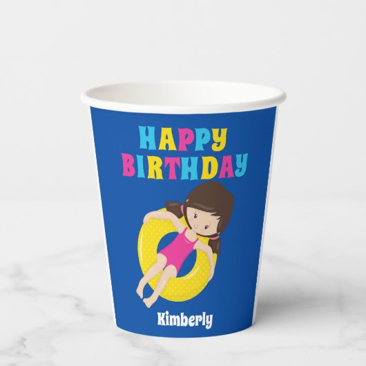 Meisjes Pool Party Schattigee Custom Kids Verjaard Papieren Bekers (Achterkant)