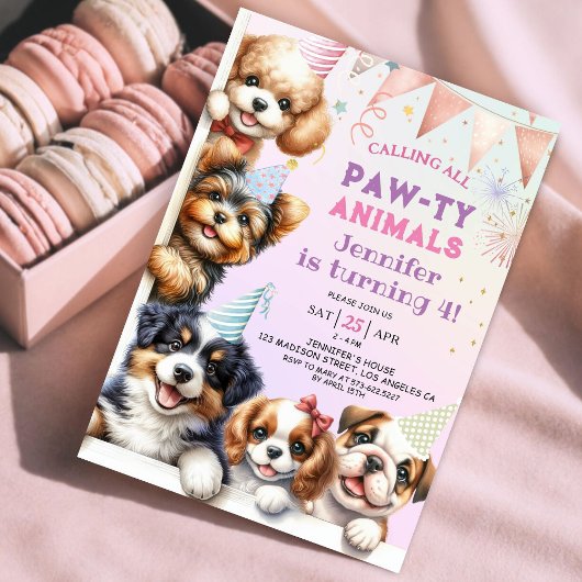Meisjes Puppy Hond Pawty 4e Verjaardag uitnodiging