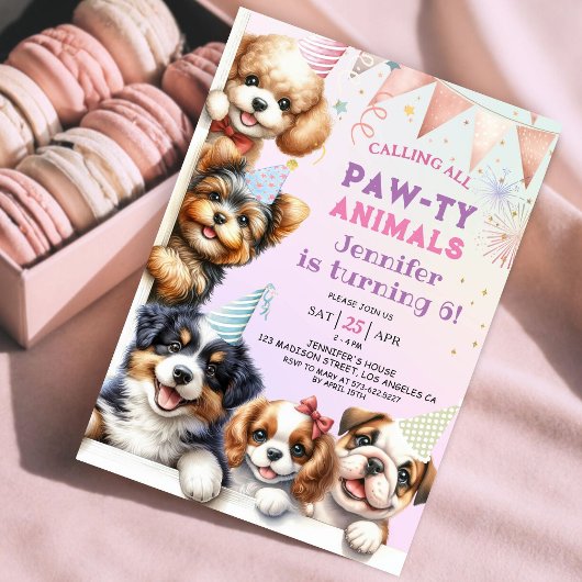 Meisjes Puppy Lets Pawty 6e verjaardag uitnodiging