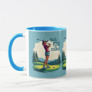 Meisjes regeren de baan Retro golfillustratie Blau Mok