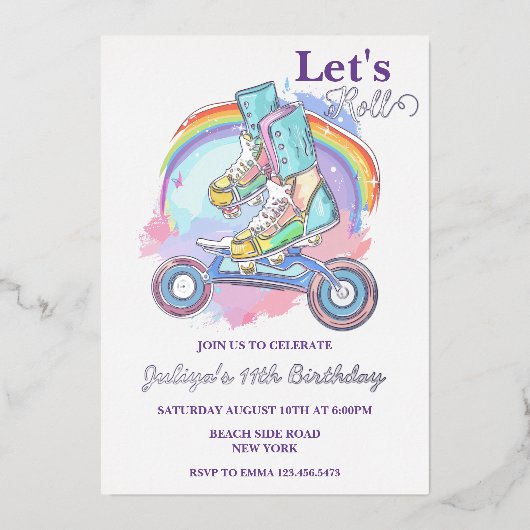 Meisjes Roller Skate paarse Verjaardagsfeestje Folie Uitnodiging (Voorkant)