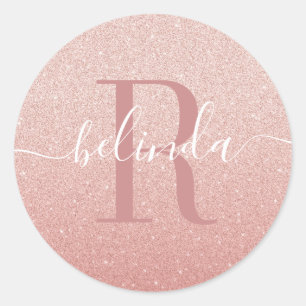 Meisjes Roos Gold Blush Roze Monogram Naam Ronde Sticker