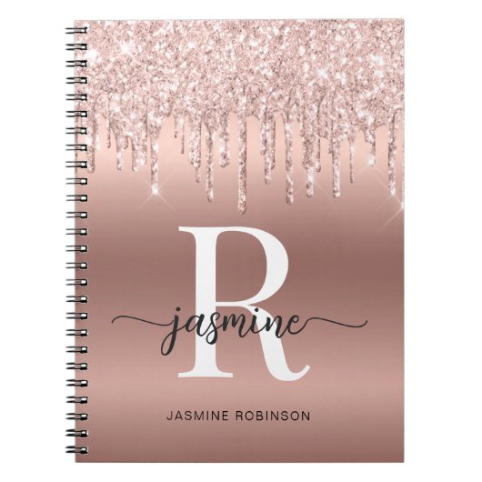 Meisjes Roos Gold Glitter Drift Monogram Name Scri Notitieboek (Voorkant)
