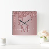 Meisjes Roos Gold Sparkle Glitter Driemonogram Vierkante Klok (Huis)