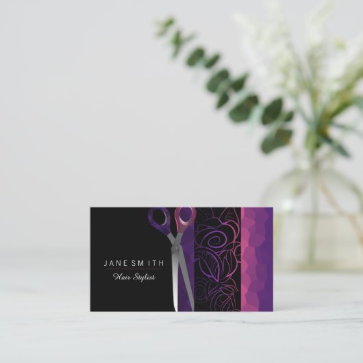 Meisjes roos paars en roze schaar visitekaartje (Staand voorkant)