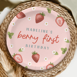 Meisjes Roze Berry Eerste Zomer Kinder 1e Verjaard Papieren Bordje