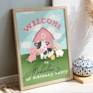 Meisjes Roze Boerderij Dier 1e Verjaardag Welkom Poster