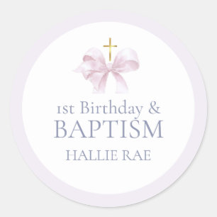 Meisjes Roze Boog 1e Verjaardag en Doop Ronde Sticker