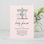 Meisjes Roze Carrousel Baby Shower Uitnodiging (Staand voorkant)
