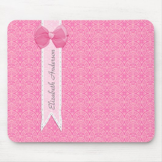 Meisjes roze Damask Pattern Cute Bow met naam Muismat (Voorkant)