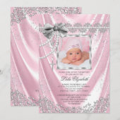 Meisjes Roze Foto Doop Doop Satijn Glitter Kaart (Voorkant / Achterkant)