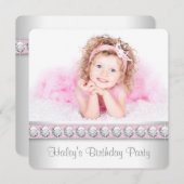 Meisjes Roze Foto Verjaardagsfeest Kaart (Voorkant / Achterkant)