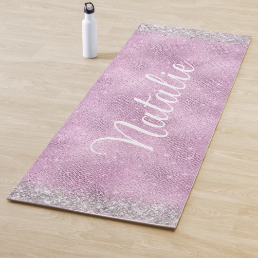 Meisjes roze Glitter Aangepast script naam Yogamat (In situ)
