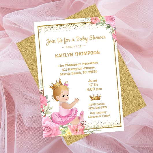 Meisjes Roze Goud Prinses Baby shower Kaart