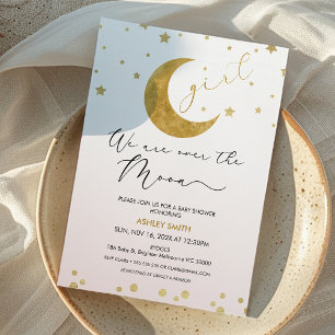 Meisjes Roze Goud We Are Over The Moon Baby shower Kaart