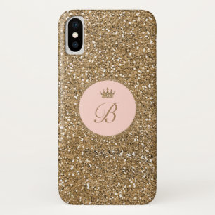 Meisjes Roze Gouden Glitter Prinses Kroon Monogram iPhone X Hoesje