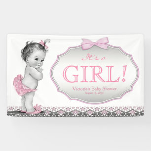 Meisjes Roze Grijze Kant Bow Baby shower Spandoek