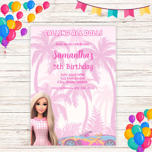 Meisjes Roze Mode Doll Diva Verjaardagsuitnodiging Kaart