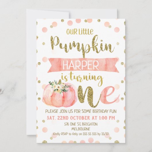 Meisjes Roze Pompoen Eerste Verjaardag Uitnodiging (Voorkant)