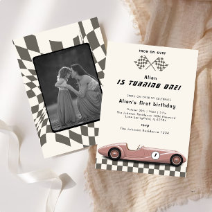 Meisjes  Roze Race Auto 1e Verjaardagsfeest Kaart