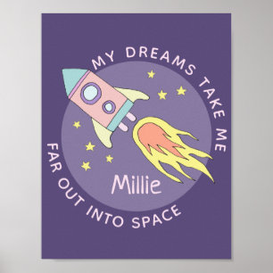 Meisjes Roze Raket Schip Ruimte en Naam Kinderen Poster