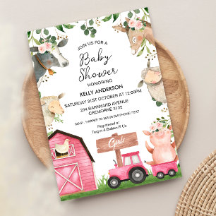 Meisjes Roze Tractor Schuur Boerderij Baby shower Kaart