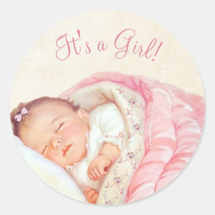 Meisjes Roze Vintage Baby Shower Ronde Sticker